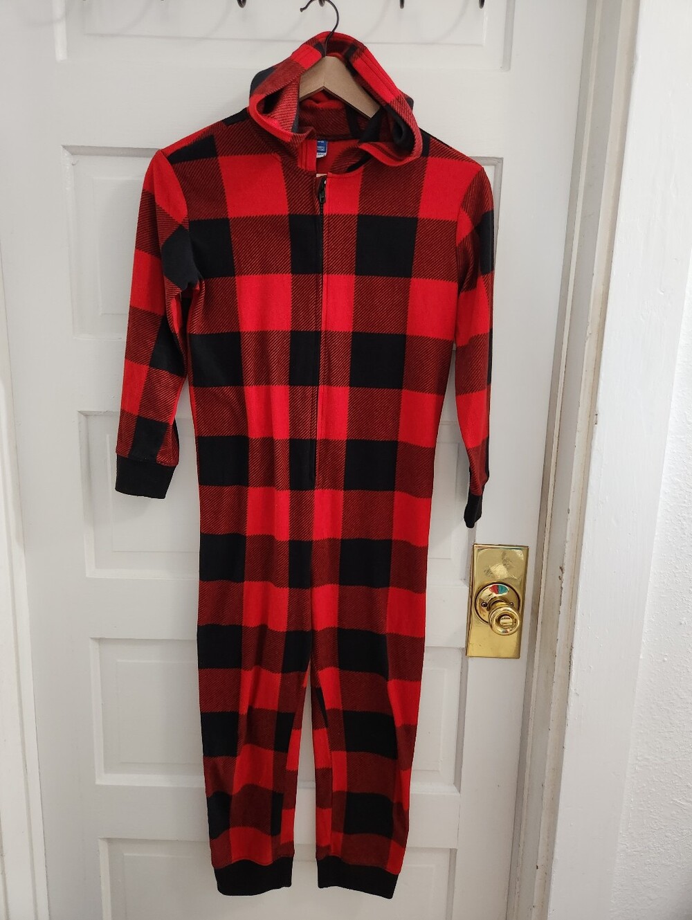 Kids Red and Black Buffalo Plaid One-Piece Hooded Pajamas 10/12 Old Navy